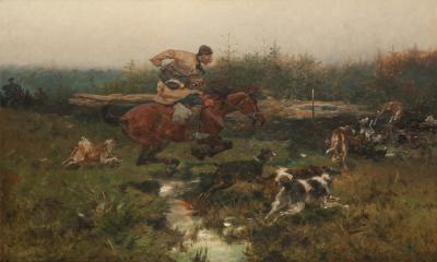 Abb. 56: Jagd, um 1900 - Jagd, um 1900, Öl auf Leinwand, 101 x 62 cm, Polenmuseum Rapperswil, Inv. Nr. MPR 117