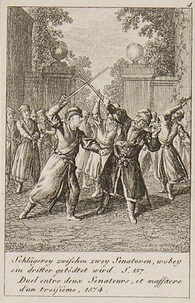 Daniel Chodowiecki: A brawl between two Senators in which a third man is killed, 1796. Etching from: 6 Prints on the History of Poland (Conclusion), a Historical and Genealogical Calendar for the year 1797 (Engelmann 823)