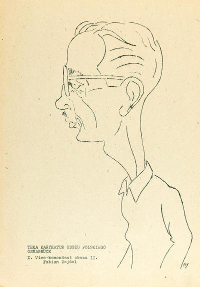 Stanisław Toegel: Karikatur auf den Vize-Kommandanten des Lagers II, Fabian Zajdel, in: Słowo Polskie (dt. Polnisches Wort), Nr. 3, 1. September 1945, DP Camp Osnabrück.