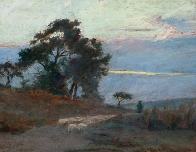 Maksymilian Gierymski: Landschaft bei Sonnenaufgang, 1869. Öl auf Holz, 27,7 x 36,4 cm
