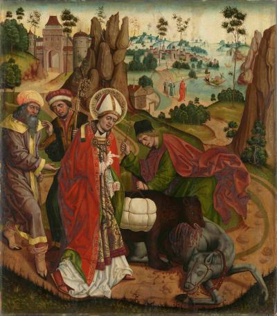 Abb. 6: Das Bärenwunder, 1483/89 - Weihenstephaner Altar: Der hl. Korbinian und der Bär, 1483/89