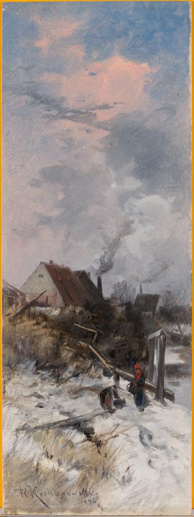 Roman Kochanowski, Dorflandschaft [im Winter], 1896, Öl auf Papier, 102 x 29 cm