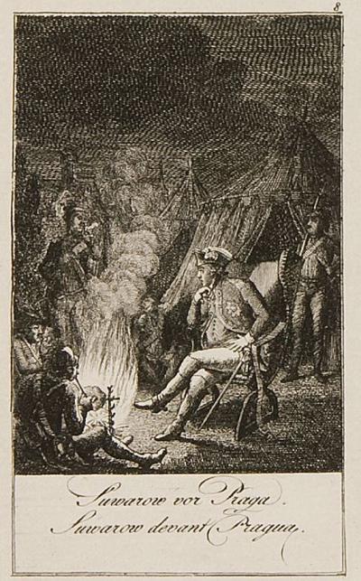 Daniel Chodowiecki: Suvarov before Praga [Alexander Suvorov, 1730-1800, before the Battle of Praga in 1794], 1797. Etching from: Eight Prints on the History of Catharine II, A Historical and Genealogical Calendar for the year 1798 (Engelmann 846/8)