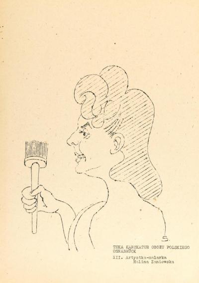 Stanisław Toegel: Karikatur auf die Malerin Halina Zaniewska, in: Słowo Polskie (dt. Polnisches Wort), Nr. 3, 1. September 1945, DP Camp Osnabrück.