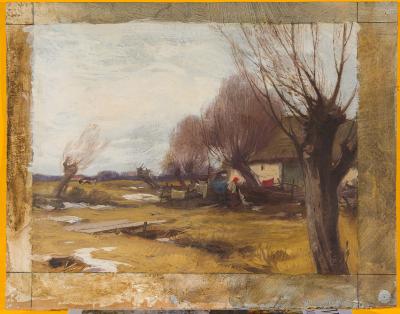Roman Kochanowski, Dorflandschaft [mit Weiden], 1896, Öl auf Papier, 17,7 x 23 cm