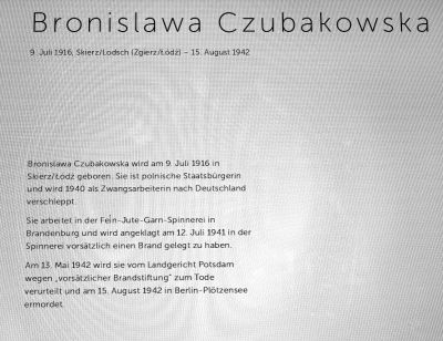 Miejsce Pamięci Berlin-Plötzensee - Informacja o Bronisławie Czubakowskiej z archiwum placówki. 