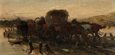 Abb. 7: Juden führen Pferde, 1865 - Juden führen Pferde auf den Markt, um 1865. Öl auf Holz, 21 x 43,3 cm, Nationalmuseum Warschau/Muzeum Narodowe w Warszawie, Inv. Nr. MP 5548