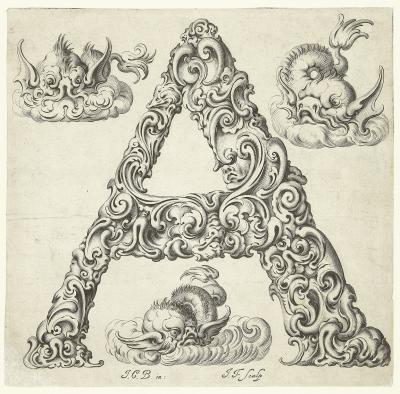 Litera A, ok. 1662. Z cyklu Libellus novus elementorum latinorum, według szkicu Jana Krystiana Bierpfaffa.