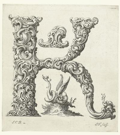 Litera K, ok. 1662. Z cyklu Libellus novus elementorum latinorum, według szkicu Jana Krystiana Bierpfaffa.