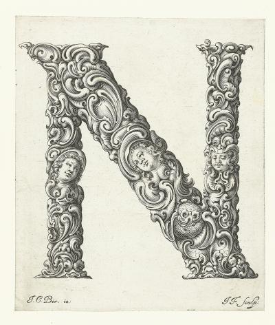 The letter N from the series Libellus novus elementorum latinorum, ca. 1662. Engraving after a template by Johann Christian Bierpfaff (ca. 1600-ca. 1675), 20.8 x 17.7 cm, signed bottom right: J.F. sculp: (Block 63). 