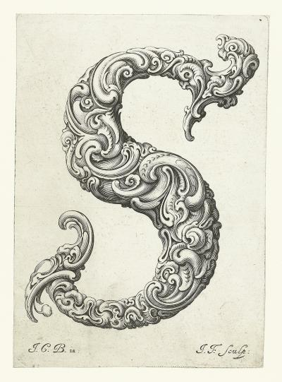 Litera S, ok. 1662. Z cyklu Libellus novus elementorum latinorum, według szkicu Jana Krystiana Bierpfaffa.