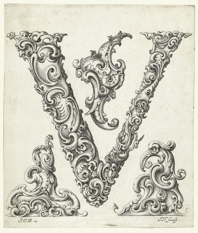 Buchstabe V , um 1662. Aus der Folge Libellus novus elementorum latinorum, nach einer Vorlage von Johann Christian Bierpfaff.
