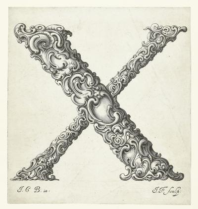 Litera X, ok. 1662. Z cyklu Libellus novus elementorum latinorum, według szkicu Jana Krystiana Bierpfaffa.