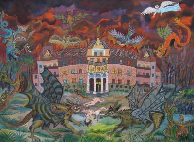 Bruno Podjaski (1915-1988), Atak potworów na Bukowiec, 1975, olej, płótno, 35 x 49 cm, Kunsthalle Recklinghausen.