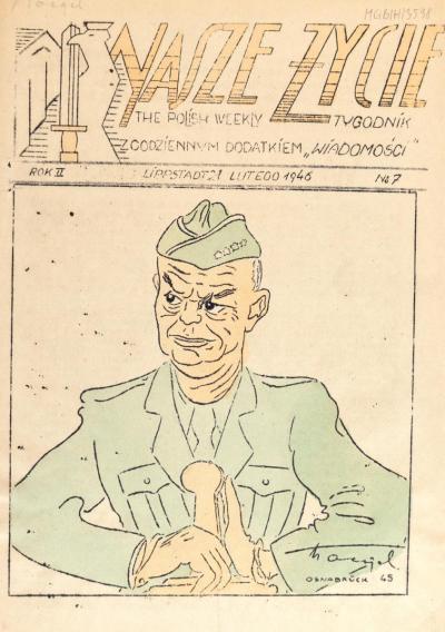 Stanisław Toegel: Karikatur vermutlich auf den britischen Lagerkommandanten, in: Nasze Życie (dt. Unser Leben) - Polish Weekly, Nr. 7, 21. Februar 1946, DP Camp Lippstadt.