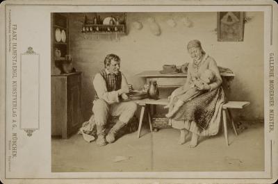 Photograph based on the painting “The firstborn”/“Pierworodny” by Franciszek Ejsmond, ca. 1890. Photograph on albumen print, on board, 9.8 x 13.1 (11.3 x 17.1) cm, from the series “Gallery of modern masters”, Franz Hanfstaengl Kunstverlag, Munich, National Museum in Warsaw/Muzeum Narodowe w Warszawie, Inv. No. DI 102953/2 MNW