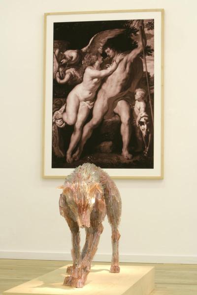 Venus und Adonis nach Peter Paul Rubens, 2008. Geschnittenes Flachglas auf Metall-Konstruktion, 68 x 120 x 30 cm, digitaler Tintenstrahldruck auf Papier, 95 x 138 cm.