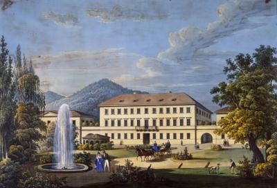 Unbekannt: Brösigke’sches Haus (Palais Klebelsberg) in Marienbad, um 1821, kolorierte Lithographie, 44,9 x 65,1 cm, Klassik Stiftung Weimar