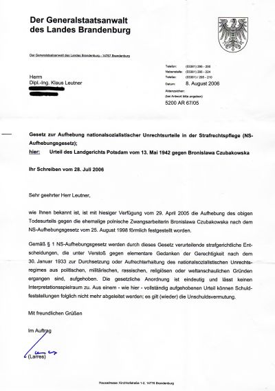 Decyzja prokuratora naczelnego przy sądzie krajowym Landu Brandenburgia, o anulowaniu wyroku na Bronisławę Czubakowską. (29.04.2005 r.).