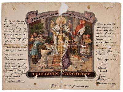 Telegram narodowy z alegorią Polski; autotypia, 1925
