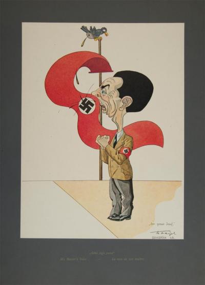 Stanisław Toegel: His Master’s Voice. From the series: Hitleriada furiosa, sheet 3, Verlag Antoni Markiewicz, Celle 1946. Offset lithograph on a dark-grey passe-partout, 32.5 x 24.5 cm.