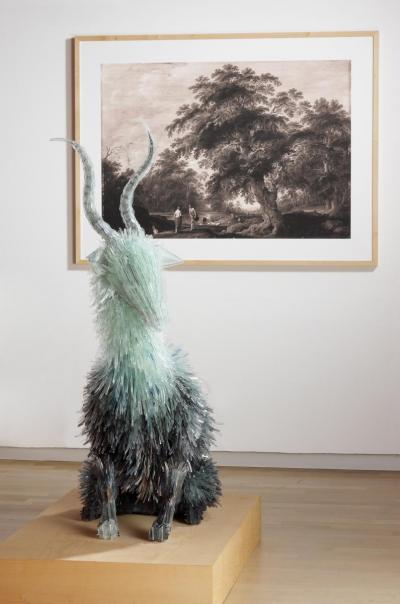 Goat after Alexander Keirincz and Cornelis van Poelenburch, 2008. Metal, glass, 165 x 119 x 45 cm, inkjet print on paper.