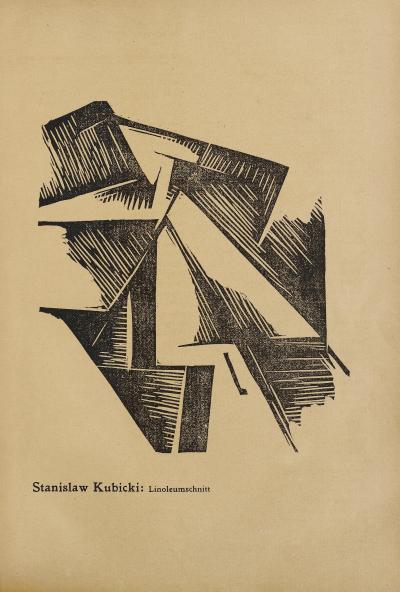 Stanisław Kubicki: Linoleumschnitt [Bassgeigenspieler], 1920. Linolschnitt, von der Platte gedruckt, in: Der Sturm, 10. Jahrgang, 11. Heft, Februar 1920, Seite 155