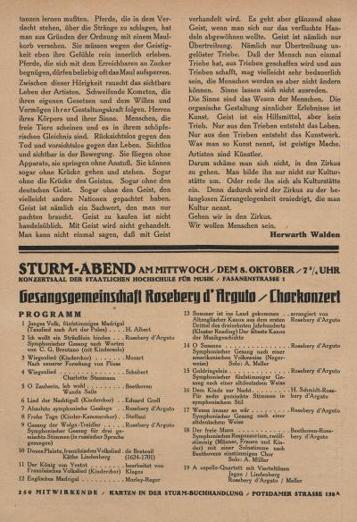 Sturm-Abend, 8.10.1924, Gesangs-Gemeinschaft Rosebery d’Arguto, Chorkonzert, in: Der Sturm, 15. Jahrgang, 3. Heft, Berlin 1924, nach dem Monatsbericht September, ohne Seite