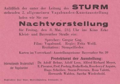 Abb. 36: Vagabunden-Ausstellung, 1931 - Einladung zur Nachtvorstellung der 2. Vagabundenkunstausstellung, Der Sturm, Berlin, 8. Mai 1931