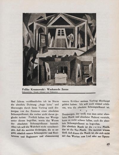 Feliks Krassowski: Wachsende Szene, 1926. Bühnenbildentwurf zu dem Theaterstück „Dziady/Totenfeier“ von Adam Mickiewicz, in: Der Sturm, 17. Jahrgang, 3. Heft (Sonderheft Theater), Berlin, Juni 1926, Seite 45