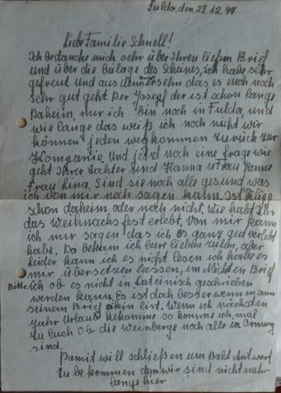 Brief von Kazimierz Wojciechowski an Familie Schnell vom 29. 12.1947, Seite 1
