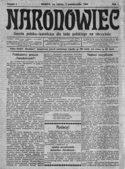 Titelseite der ersten Ausgabe von „Narodowiec“ - Titelseite der ersten Ausgabe von „Narodowiec“, Herne, 2. Oktober 1909, aus: „Polak w Niemczech”, Bochum 1972, S. 44
