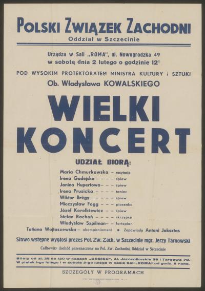 Plakat: Wielki koncert w Szczecinie 1946 rok