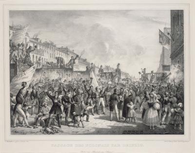 Empfang der Polen in Leipzig 1830 - Guillaume Thierry, Lithographie nach einer Zeichnung von Charles Malankiewicz, 39,8 x 48,7 cm, 1830/31