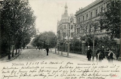 Bahnhofstraße in Olsztyn, ca. 1900, Hotel Reichshof on the right, postcard