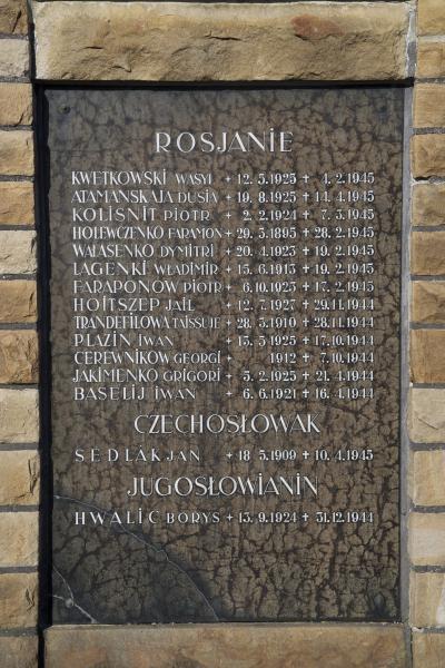 Tafel mit den Namen der Opfer aus Russland, der ehemaligen Tschechoslowakei und dem ehemaligen Jugoslawien.