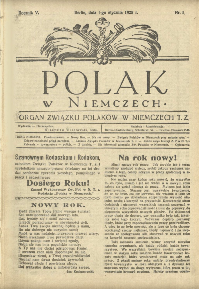 Titelblatt der Januarausgabe des „Polak w Niemczech“ aus dem Jahr 1928.