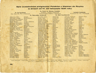Teilnehmerliste der Polen, die an der Pilgerfahrt im Oktober 1933 teilgenommen haben.