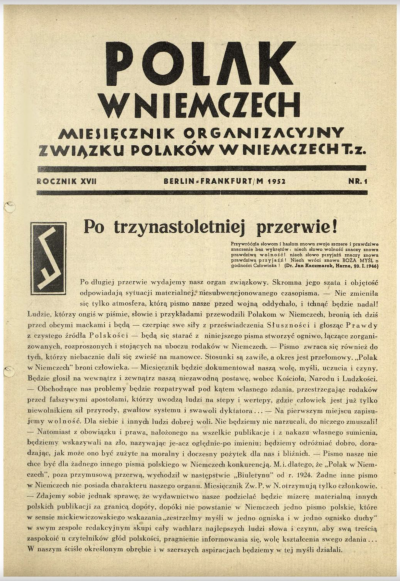Titelblatt der Januarausgabe von „Polak w Niemczech“ aus dem Jahr 1952, der nach einer 13-jährigen Pause wieder erschienen ist