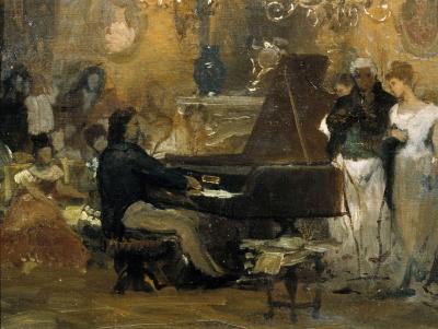 „Chopin spielt im Salon des Fürsten Anton Radziwill in Berlin“ - Ein Gemälde von Henryk Siemiradzki (1843-1902), um 1880, Sankt Petersburg, Staatliches Russisches Museum