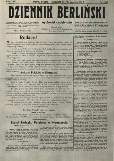 Bild 1: Abbildung der Titelseite des „Dziennik Berliński“ vom 9./10. Dezember 1922 - Abbildung der Titelseite des „Dziennik Berliński“ vom 9./10. Dezember 1922, in der zur Mitgliedschaft beim neu gegründeten Bund der Polen in Deutschland e. V. aufgerufen wurde. 