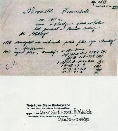 Karta ewidencyjna Franciszka Nerowskiego, Oddział II Sztabu Generalnego Wojska Polskiego, wywiad wojskowy II RP.