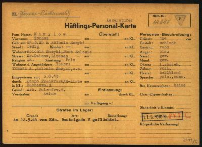 Prisoner Registration Card of Tomasz Kiryłłow, Buchenwald