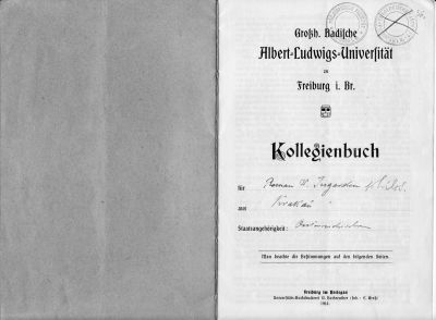 Roman Witold Ingarden, indeks Uniwersytetu Alberta Ludwiga w Fryburgu Badeńskim (strona tytułowa), 1916
