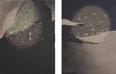 Trabant V + I - 2015, Paper, bleach, charcoal on linen, 40 x 30 cm each 