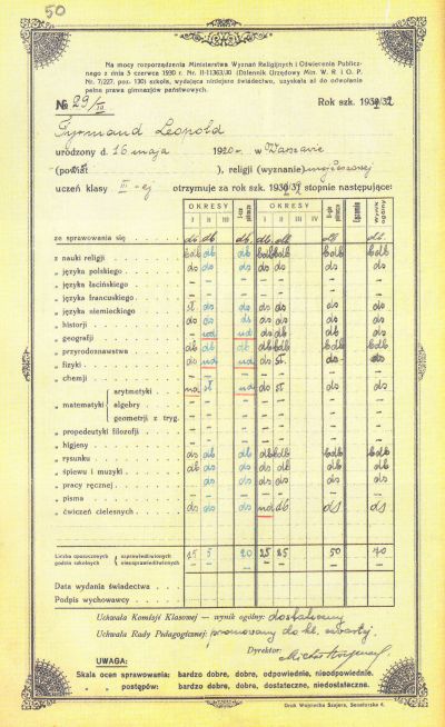 Leopold Tyrmand's report from the 1931/32 school year - Leopold Tyrmand's report from the 1931/32 school year at the Jan Kreczmar Gymnasium in Warsaw (Gimnazjum imienia Jana Kreczmara w Warszawie). 