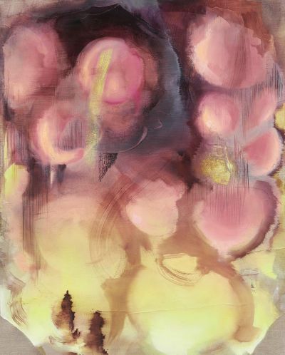 Mammatus - 2019, Paper, bleach, colored pencil, oil on linen, 100 x 80 cm 