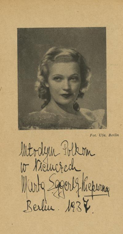 Marta Eggerth-Kiepura, dedication in Młody Polak w Niemczech, No. 7 of 20.07.1937, page 15, to the young Polish women in Germany.