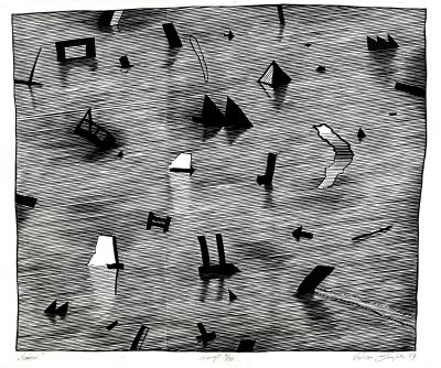 Panta Rei (wcześniej: Śmieci), 1987 - Linoryt (9/30), 70 x 110 (+3) cm, własność artysty (Nagroda miasta Winterthur / XYLON 10)