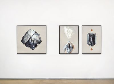 Petite Magnétite II & IV, V - 2014, Oil on grey cardboard, 104 x 104 cm and 104 x 74 cm, Installation view: Courtesy the artist and MLP Wiesloch 
